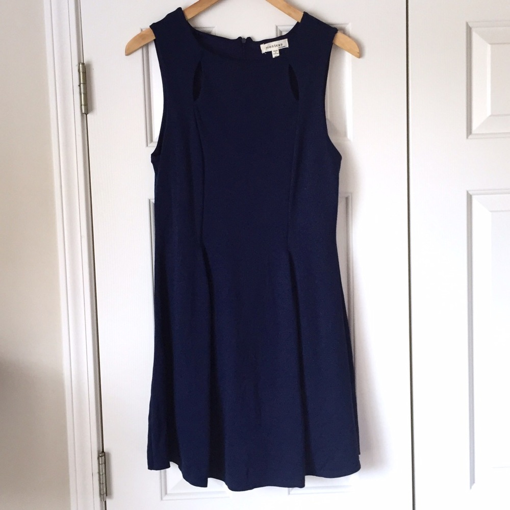 Navy fit and flare sleeveless dress with cutouts